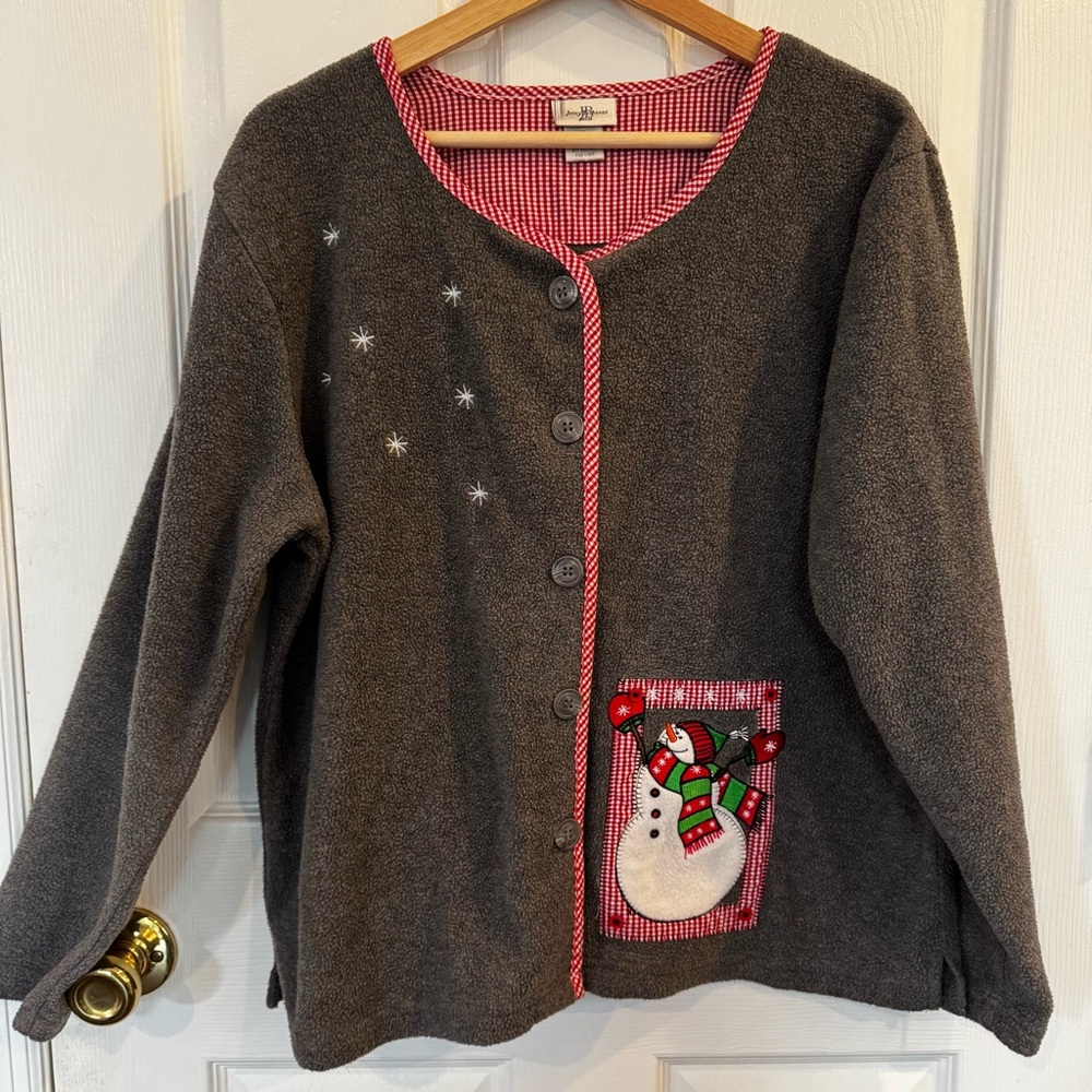 Jenny Buchanan Petite Fleece Snowman Cardigan Sweater PL Holiday Winter Gingham
